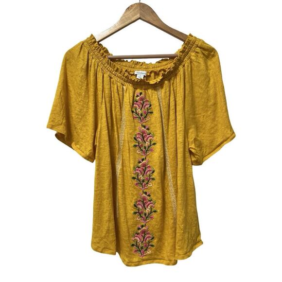 Sundance Linen Embroidered Dancing Garden Top Size S Yellow Off the Shoulder - Picture 2 of 6